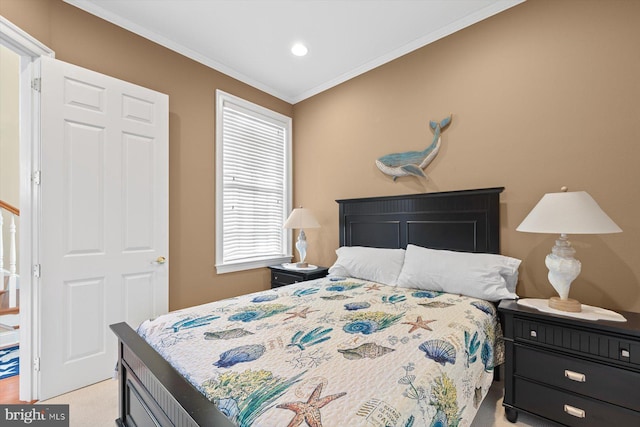 carpeted bedroom with multiple windows and ornamental molding