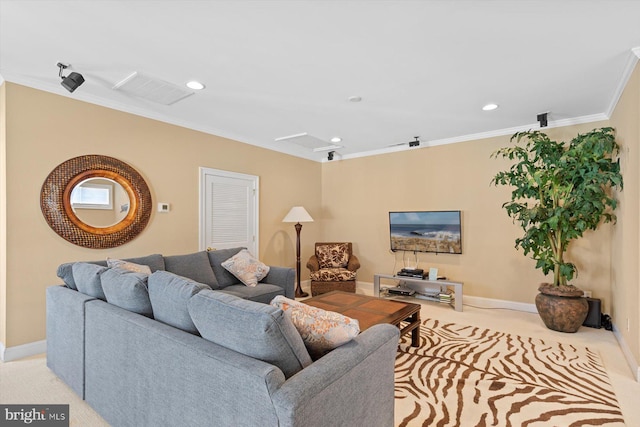 living room featuring light carpet and crown molding