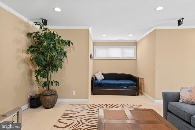 living area with crown molding and light carpet