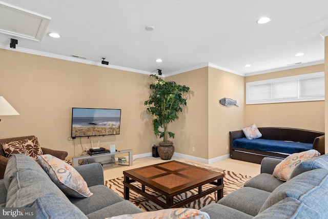 living room with crown molding and carpet floors