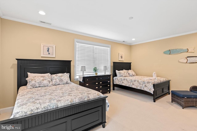 bedroom with light colored carpet and ornamental molding