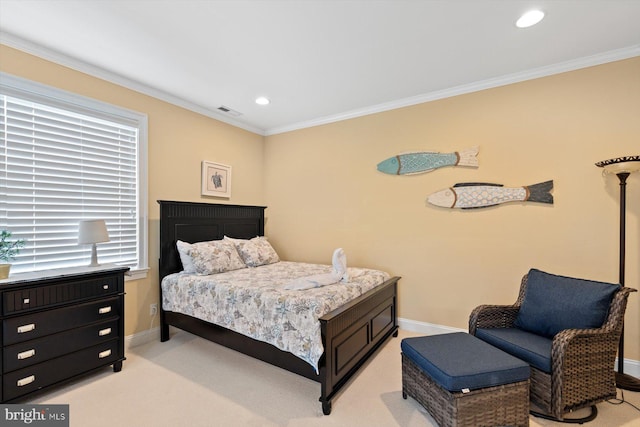 carpeted bedroom with multiple windows and ornamental molding