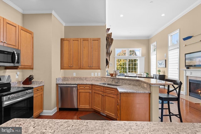 kitchen featuring ornamental molding, stainless steel appliances, a kitchen bar, and sink