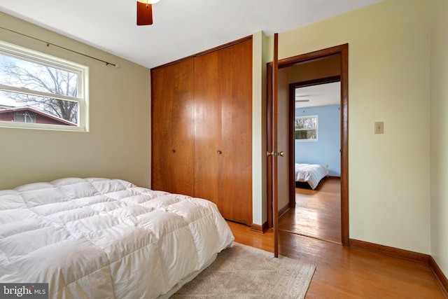 bedroom featuring ceiling fan, a closet, and light hardwood / wood-style flooring