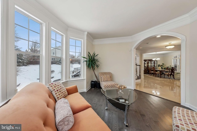 living room featuring dark hardwood / wood-style flooring, crown molding, and an inviting chandelier