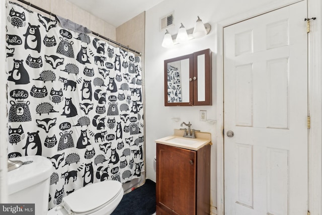 bathroom with vanity, toilet, and walk in shower