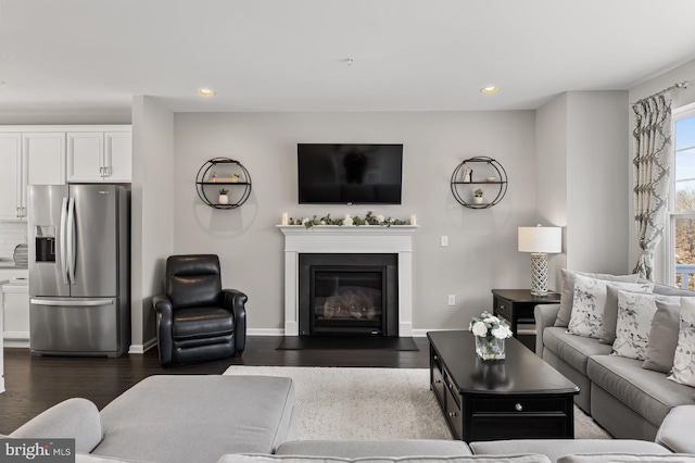 living room featuring dark wood-type flooring