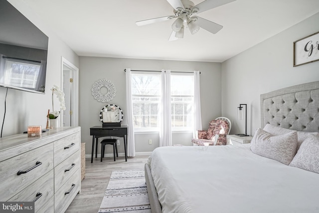 bedroom featuring ceiling fan and light hardwood / wood-style flooring