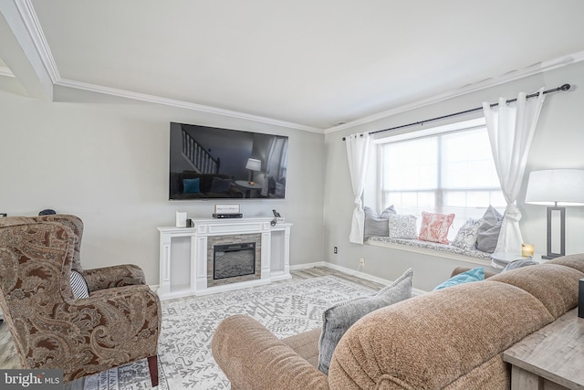 living room with ornamental molding