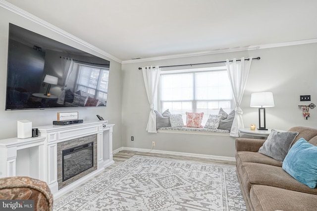 living room with crown molding and light wood-type flooring