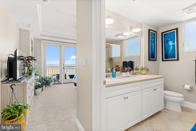 bathroom with vanity, toilet, and a shower with shower door