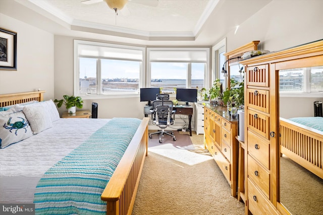 bedroom with light carpet, a tray ceiling, and ornamental molding