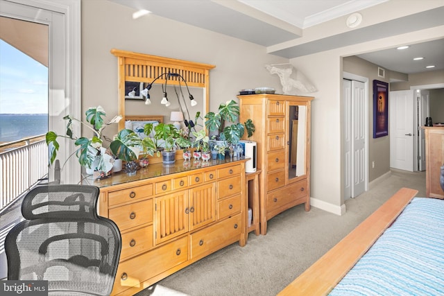 carpeted bedroom featuring a water view and crown molding