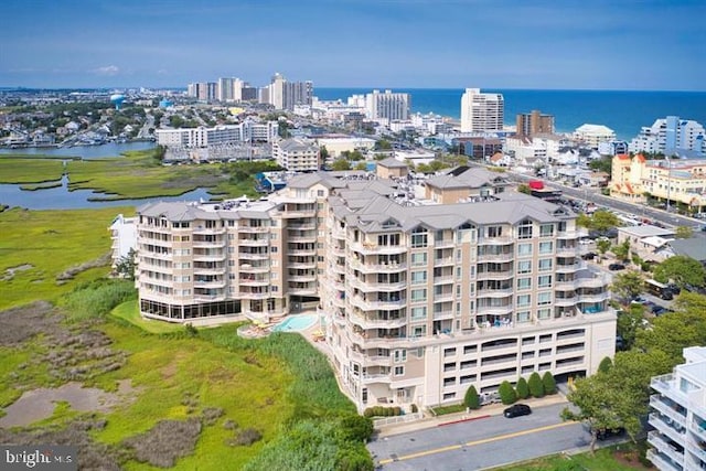 drone / aerial view with a water view