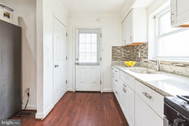 kitchen featuring dark hardwood / wood-style floors, sink, white cabinets, decorative backsplash, and light stone counters