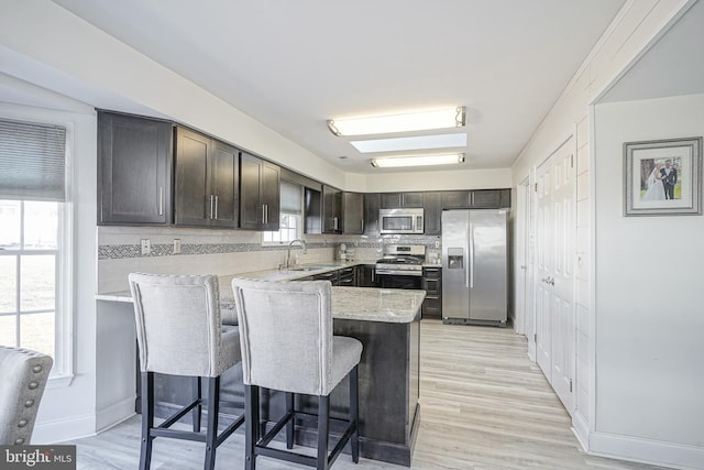 kitchen with appliances with stainless steel finishes, sink, a breakfast bar area, kitchen peninsula, and dark brown cabinets