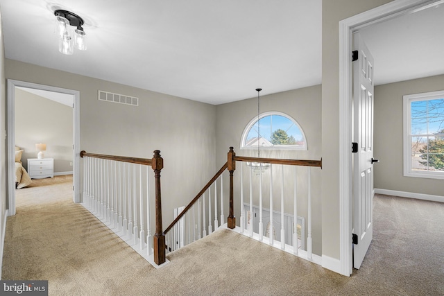 corridor featuring light colored carpet and a healthy amount of sunlight