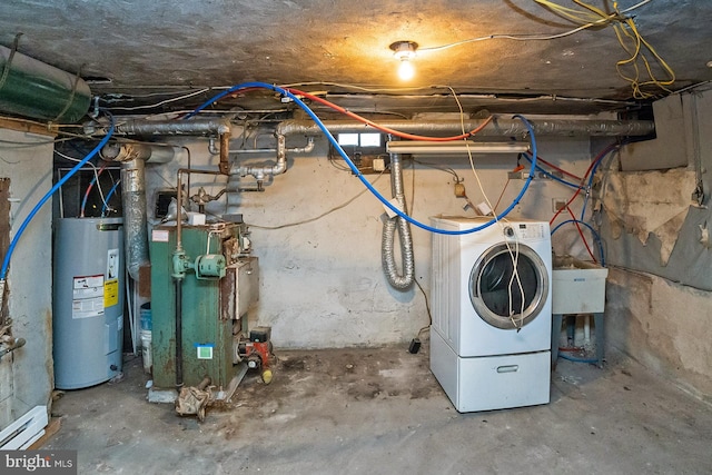 interior space with water heater and washer / dryer