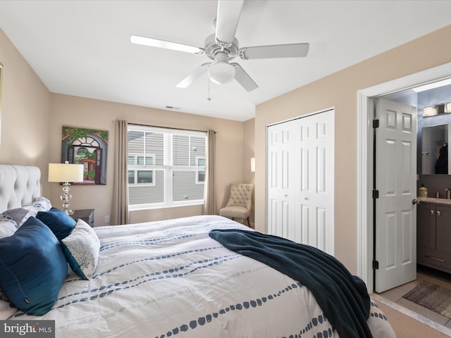 bedroom featuring a closet and ceiling fan