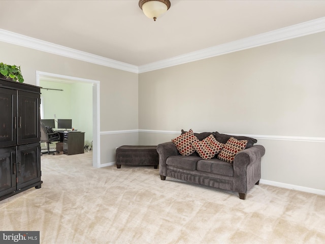 sitting room featuring baseboards, light carpet, and ornamental molding