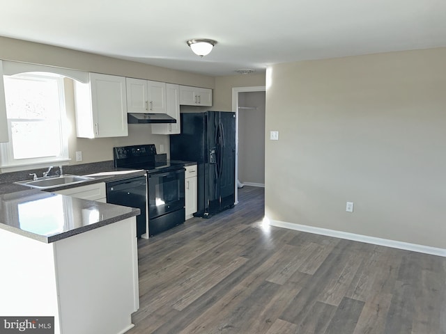 kitchen featuring sink, dark wood-type flooring, black appliances, white cabinets, and kitchen peninsula