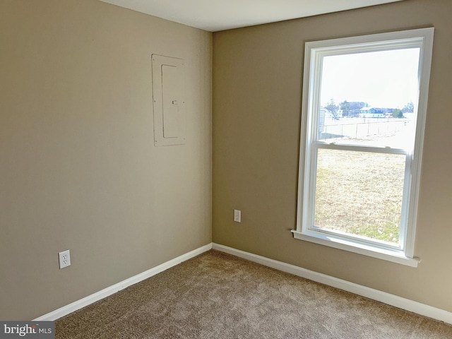 spare room featuring a water view, light colored carpet, and electric panel