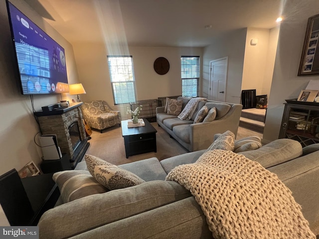 living room with a fireplace