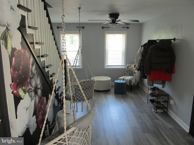 348 Broad St, Mount Holly, NJ 08060 - interior space featuring wood finished floors, baseboards, and a ceiling fan