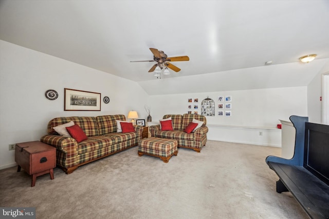 living room with lofted ceiling, carpet floors, and ceiling fan