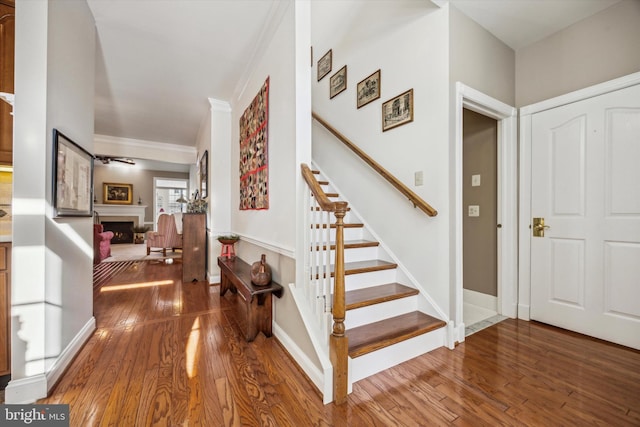 foyer entrance with wood-type flooring and ornamental molding