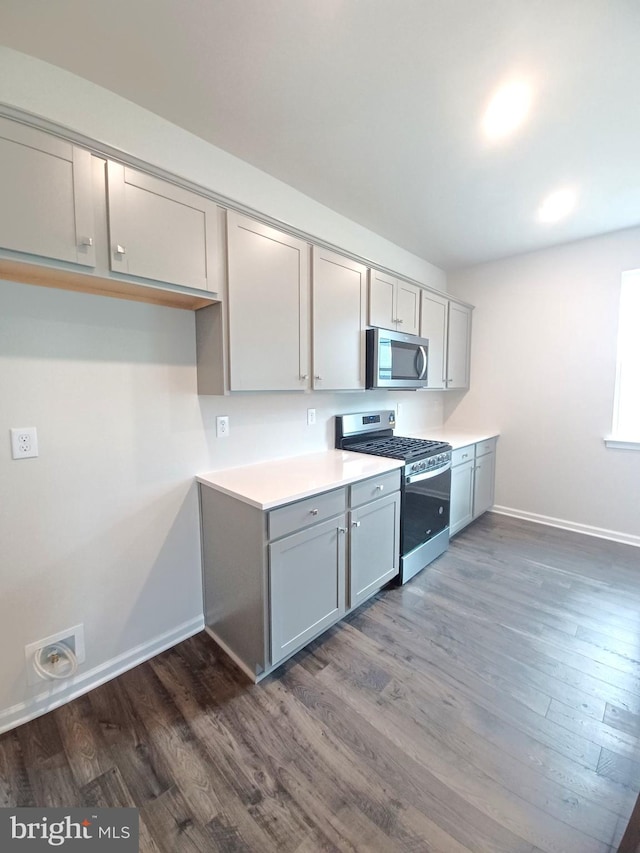 kitchen with gray cabinets, stainless steel appliances, and dark hardwood / wood-style floors