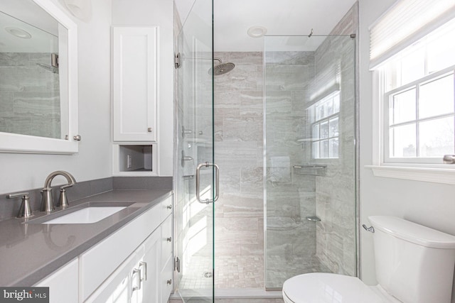 bathroom with vanity, toilet, and an enclosed shower