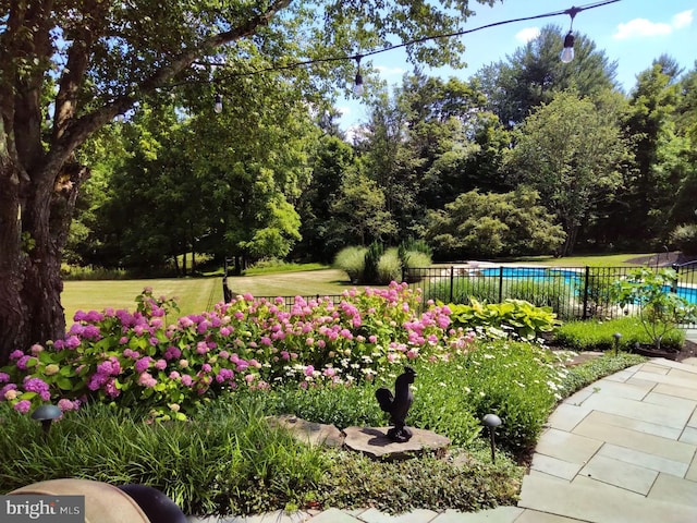 view of property's community with a swimming pool and a lawn