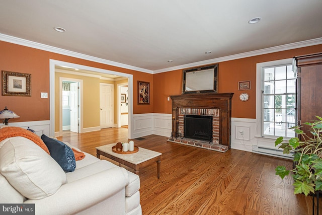 living room with a fireplace, crown molding, wood-type flooring, and a baseboard radiator