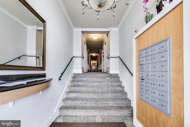 stairs featuring crown molding and a mail area