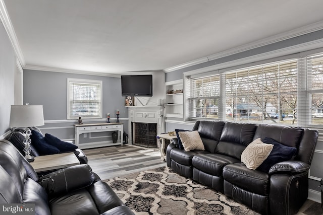 living room with crown molding