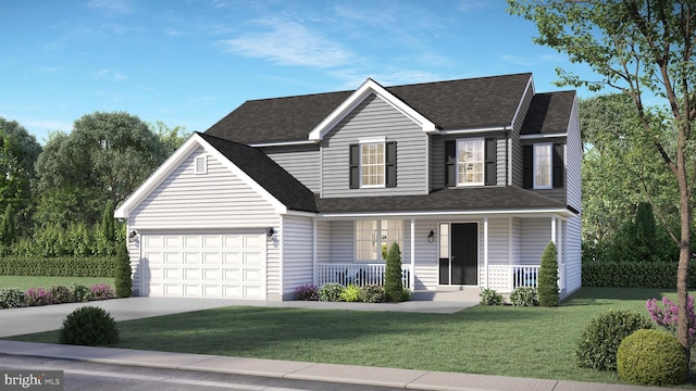 traditional-style home featuring roof with shingles, covered porch, an attached garage, a front yard, and driveway