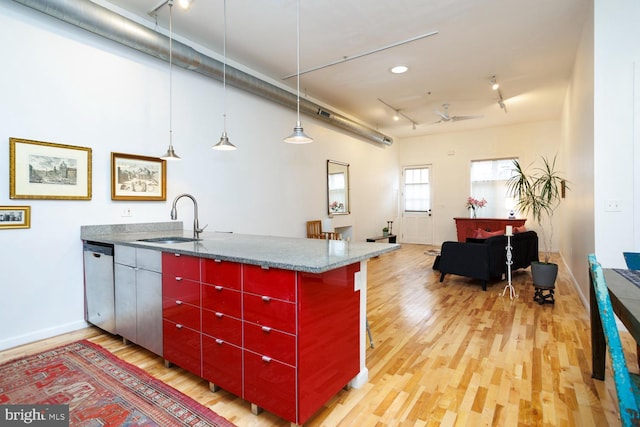 kitchen with dishwasher, sink, track lighting, and light wood-type flooring