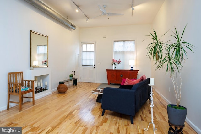 living area with rail lighting and light hardwood / wood-style floors