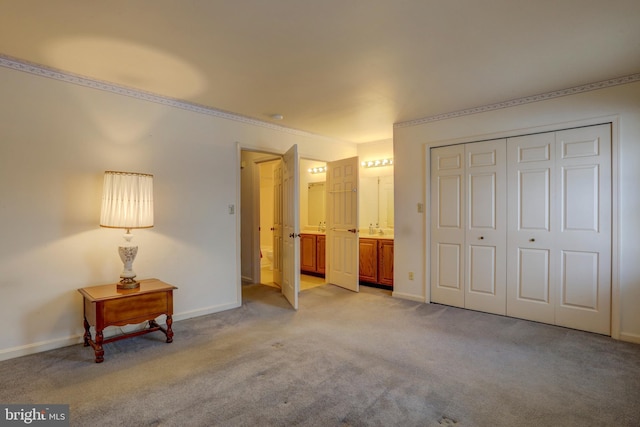 carpeted bedroom with crown molding, ensuite bath, sink, and a closet