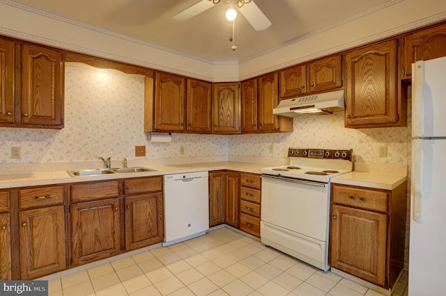 kitchen with ceiling fan, sink, light tile patterned floors, and white appliances