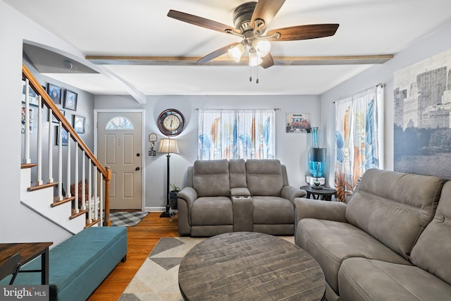 living room with ceiling fan and light hardwood / wood-style flooring