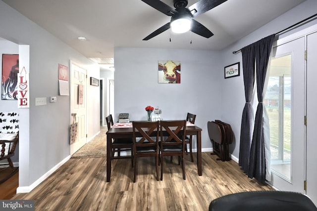 dining area featuring wood-type flooring, ceiling fan, and plenty of natural light