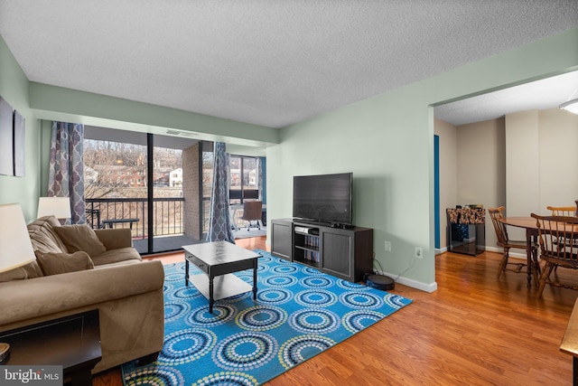 living room featuring wood-type flooring and a textured ceiling