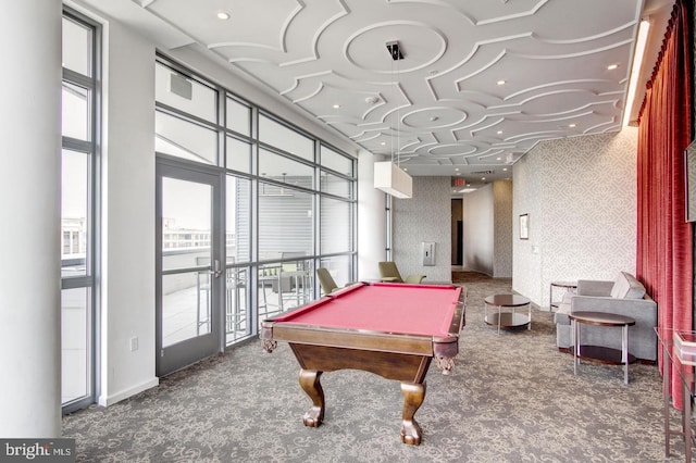 rec room featuring pool table and dark carpet