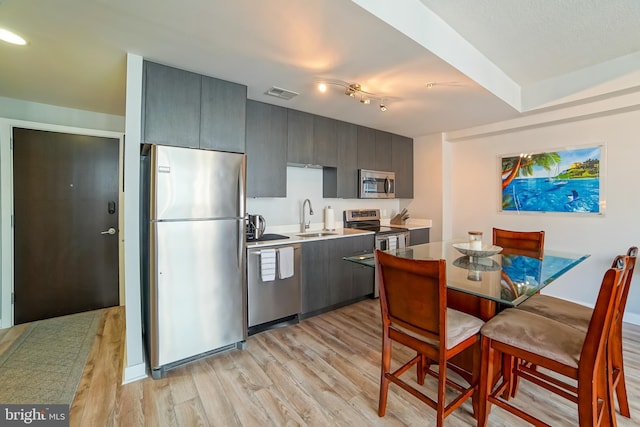 kitchen with sink, light hardwood / wood-style flooring, and appliances with stainless steel finishes