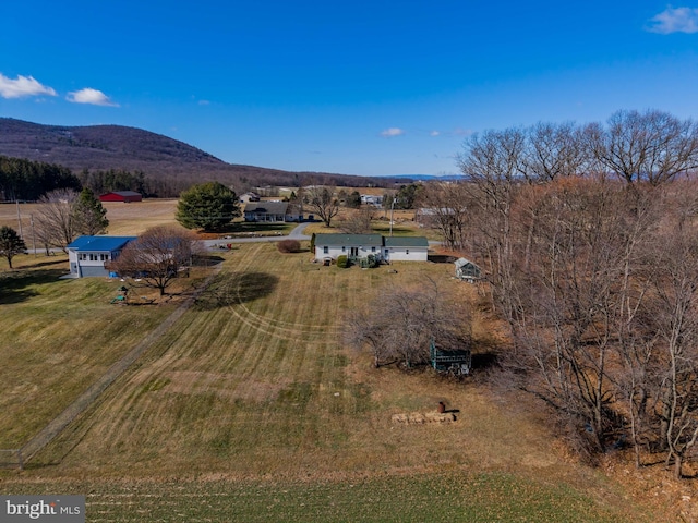 birds eye view of property with a mountain view and a rural view