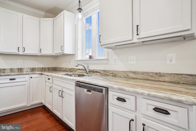 kitchen with white cabinetry, pendant lighting, sink, and stainless steel dishwasher