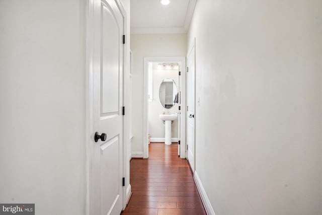 hallway with crown molding and dark wood-type flooring