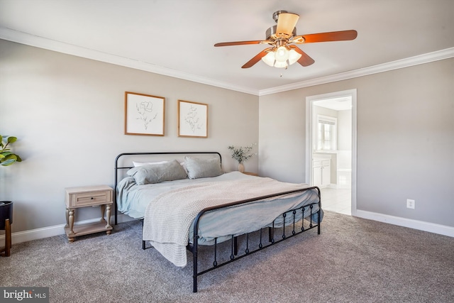 carpeted bedroom featuring ceiling fan, ornamental molding, and connected bathroom